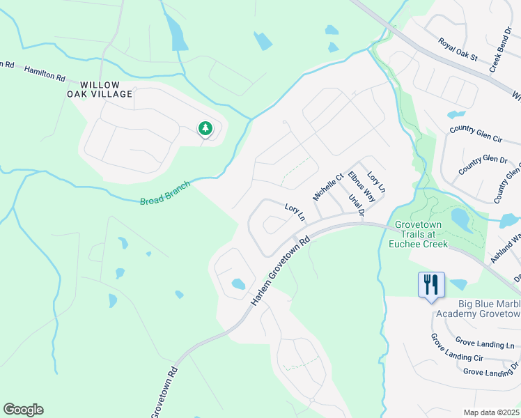 map of restaurants, bars, coffee shops, grocery stores, and more near 489 Lory Lane in Grovetown