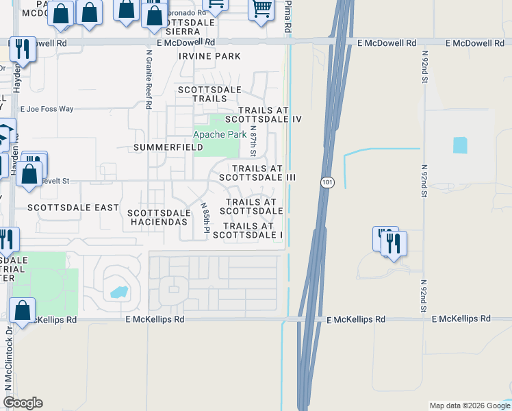 map of restaurants, bars, coffee shops, grocery stores, and more near 924 North 87th Place in Scottsdale