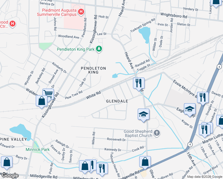 map of restaurants, bars, coffee shops, grocery stores, and more near 2029 White Road in Augusta