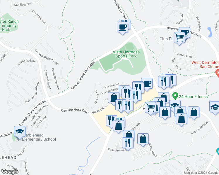map of restaurants, bars, coffee shops, grocery stores, and more near 55 Via Sonrisa in San Clemente