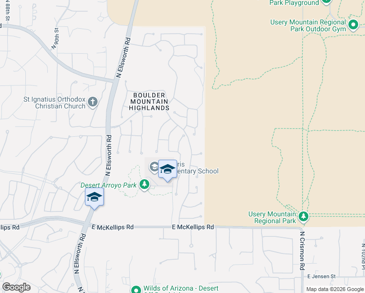 map of restaurants, bars, coffee shops, grocery stores, and more near 2330 North Boulder Mountain in Mesa