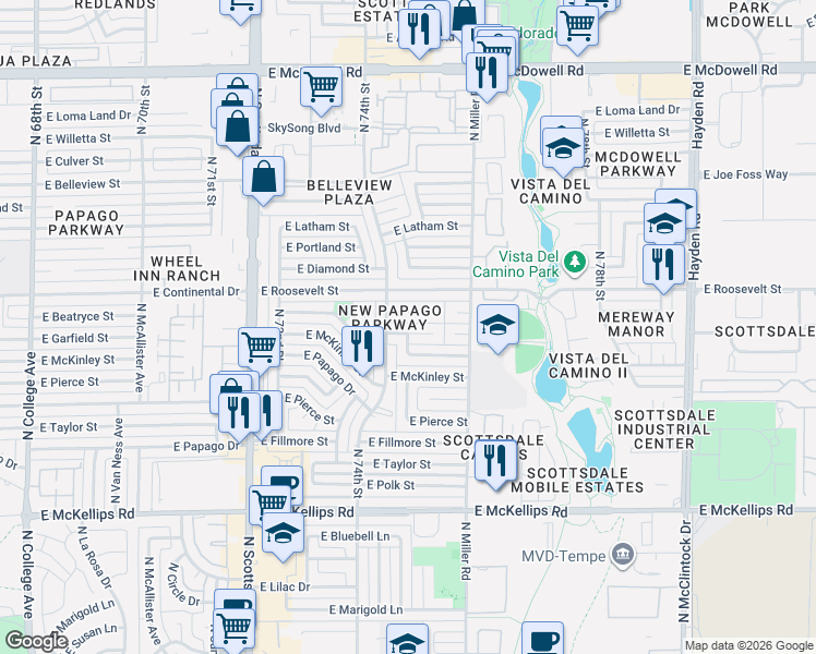 map of restaurants, bars, coffee shops, grocery stores, and more near 7507 East Beatrice Street in Scottsdale