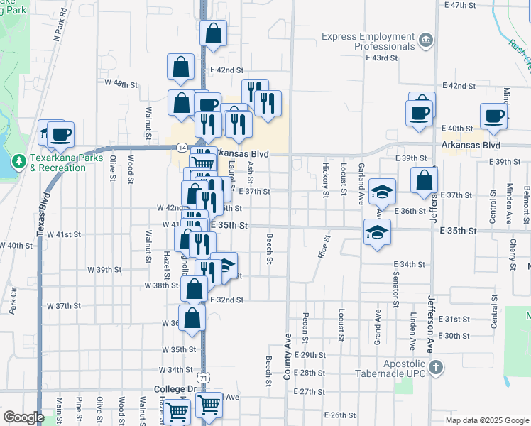 map of restaurants, bars, coffee shops, grocery stores, and more near 300-398 East 36th Street in Texarkana