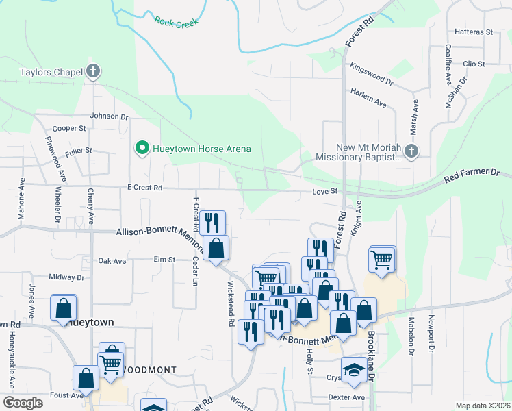 map of restaurants, bars, coffee shops, grocery stores, and more near 215 Chapel Dr in Bessemer