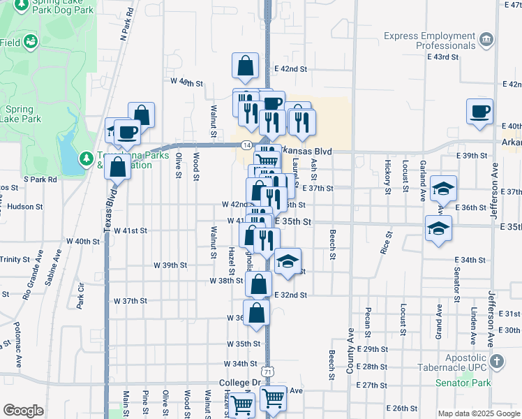 map of restaurants, bars, coffee shops, grocery stores, and more near 4106 Magnolia Street in Texarkana