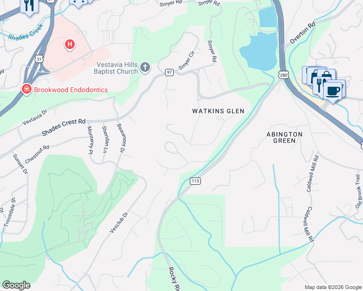 map of restaurants, bars, coffee shops, grocery stores, and more near 1792 Twin Bridge Drive in Vestavia Hills