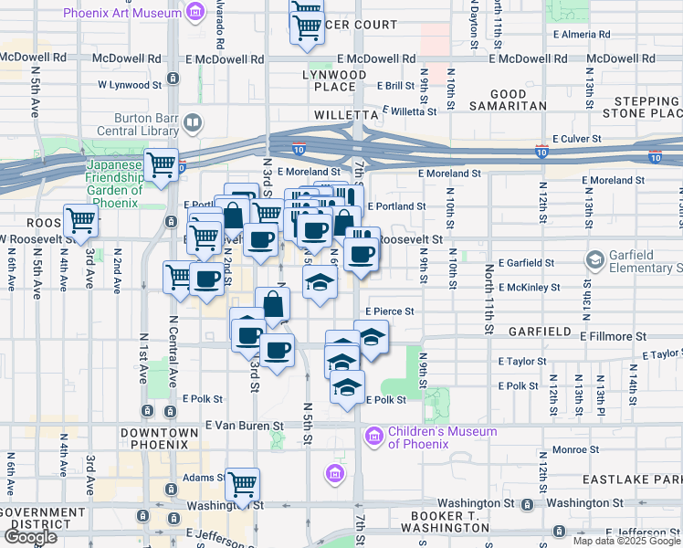 map of restaurants, bars, coffee shops, grocery stores, and more near in Phoenix