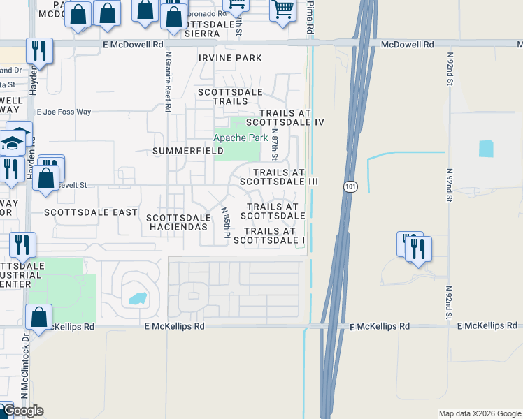 map of restaurants, bars, coffee shops, grocery stores, and more near 8624 East McKinley Street in Scottsdale