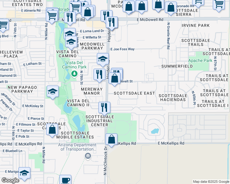 map of restaurants, bars, coffee shops, grocery stores, and more near 8029 East Roosevelt Street in Scottsdale