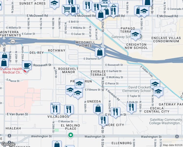 map of restaurants, bars, coffee shops, grocery stores, and more near 3035 East Garfield Street in Phoenix