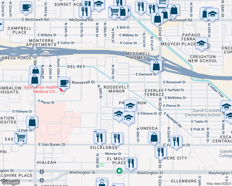 map of restaurants, bars, coffee shops, grocery stores, and more near 2915 East Roosevelt Street in Phoenix
