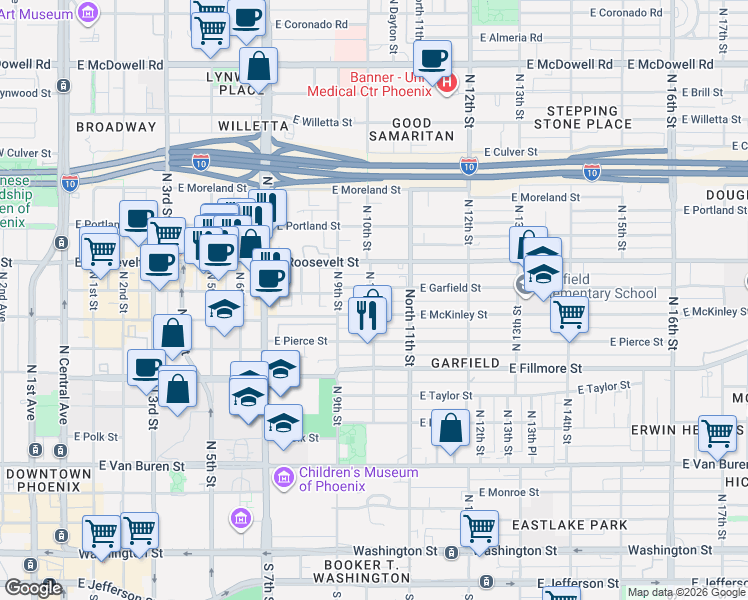 map of restaurants, bars, coffee shops, grocery stores, and more near 1001 East Garfield Street in Phoenix