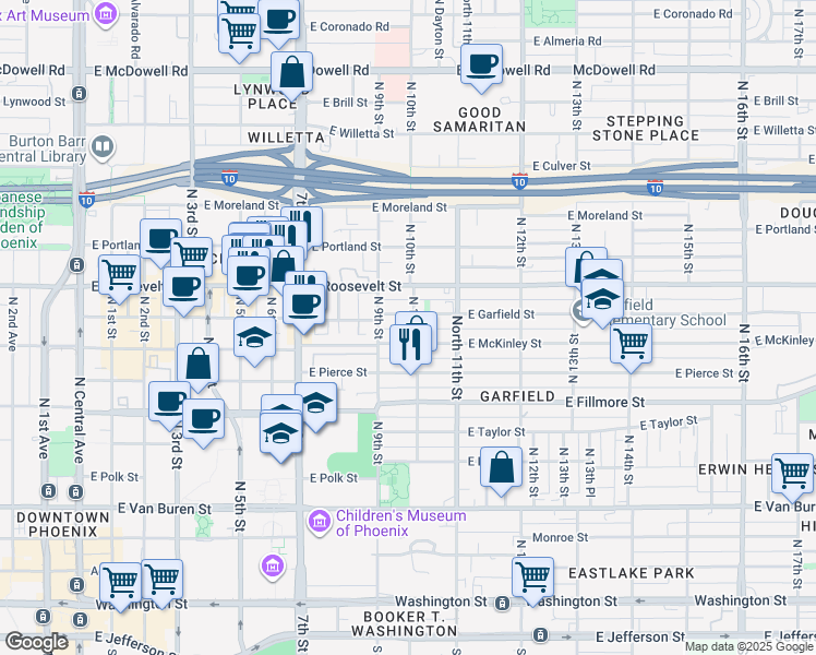 map of restaurants, bars, coffee shops, grocery stores, and more near 1001 East Garfield Street in Phoenix