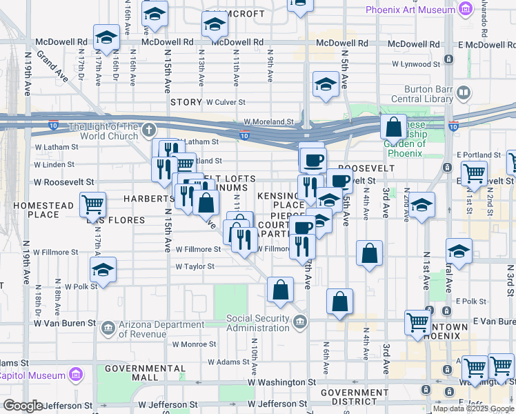 map of restaurants, bars, coffee shops, grocery stores, and more near 814 North 10th Avenue in Phoenix
