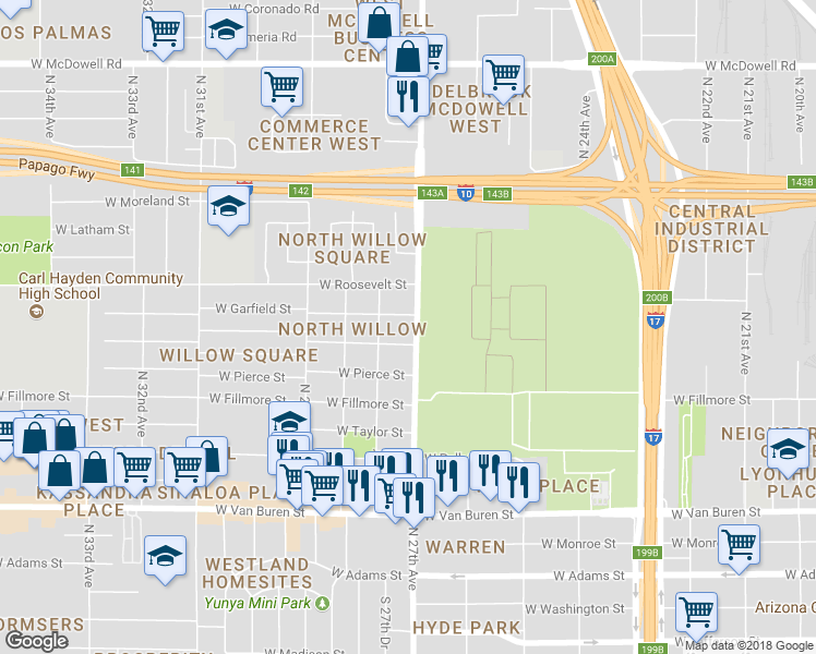 map of restaurants, bars, coffee shops, grocery stores, and more near 822 North 27th Avenue in Phoenix