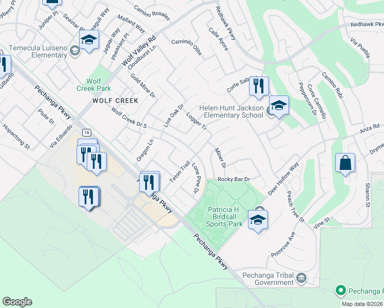 map of restaurants, bars, coffee shops, grocery stores, and more near 32154 Fireside Drive in Temecula
