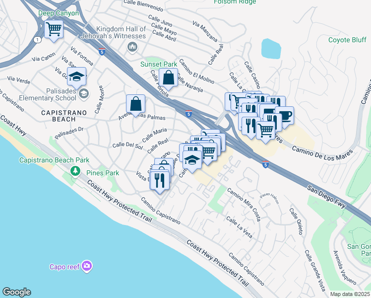 map of restaurants, bars, coffee shops, grocery stores, and more near 27032 Calle Dolores in Dana Point
