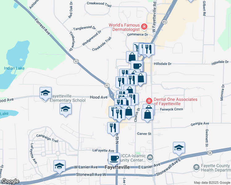 map of restaurants, bars, coffee shops, grocery stores, and more near Highway 92 in Fayetteville