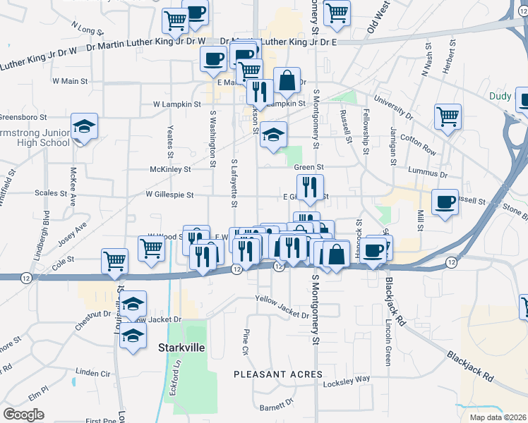 map of restaurants, bars, coffee shops, grocery stores, and more near 501-599 South Jackson Street in Starkville
