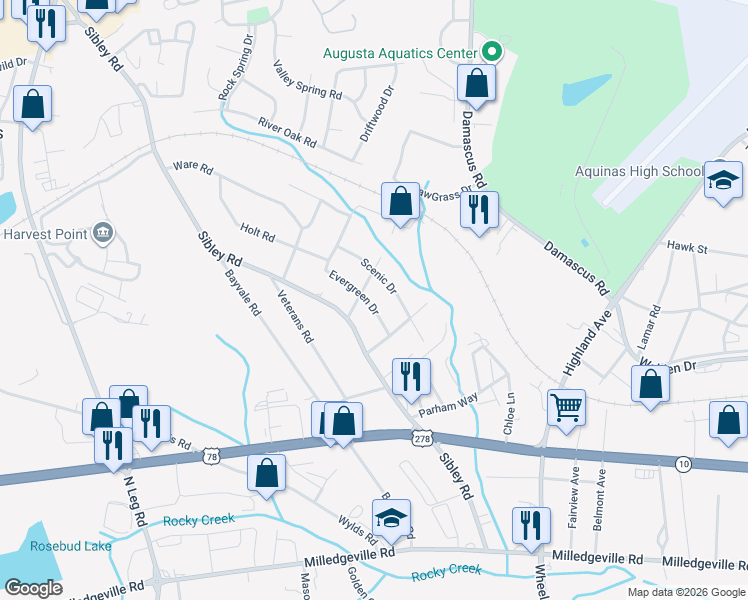 map of restaurants, bars, coffee shops, grocery stores, and more near 3112 Scenic Drive in Augusta