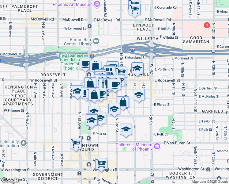 map of restaurants, bars, coffee shops, grocery stores, and more near 821 North 2nd Street in Phoenix