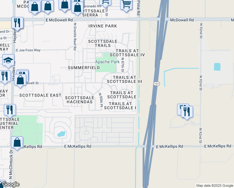 map of restaurants, bars, coffee shops, grocery stores, and more near 8624 East McKinley Street in Scottsdale