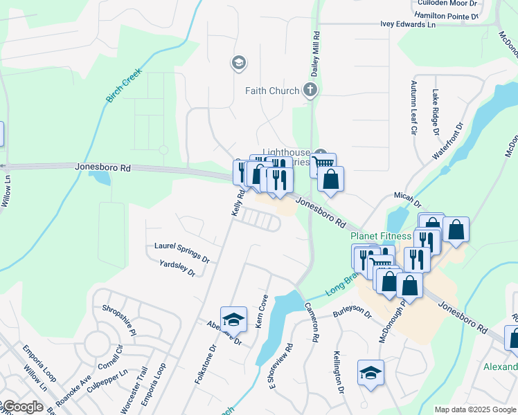map of restaurants, bars, coffee shops, grocery stores, and more near 305 Magnolia Gardens Walk in McDonough