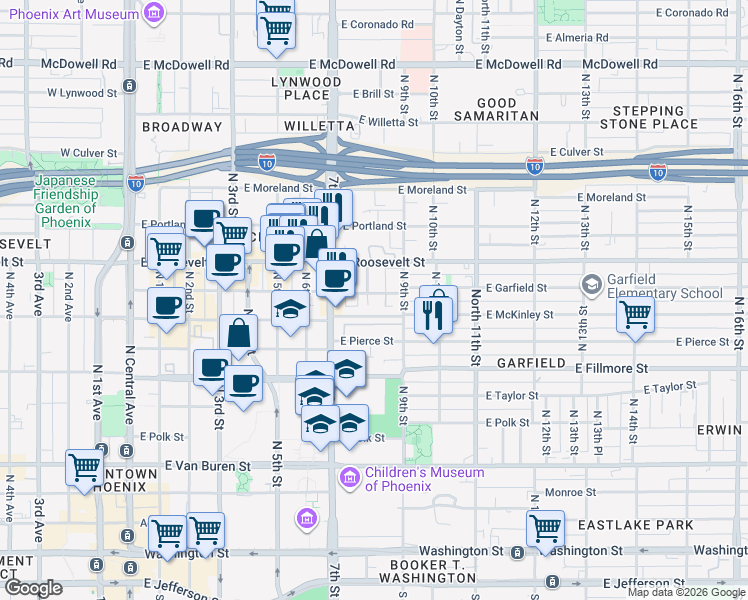 map of restaurants, bars, coffee shops, grocery stores, and more near 805 East Garfield Street in Phoenix