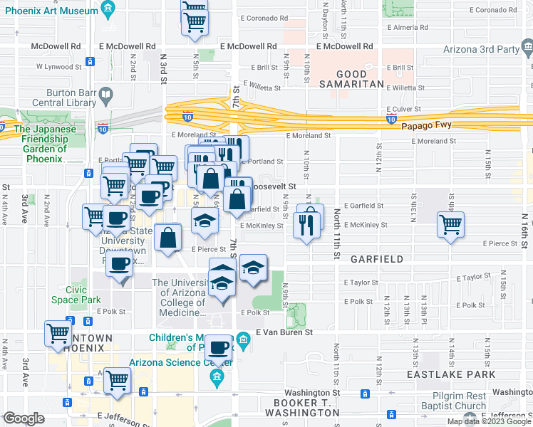 map of restaurants, bars, coffee shops, grocery stores, and more near 809 East Garfield Street in Phoenix