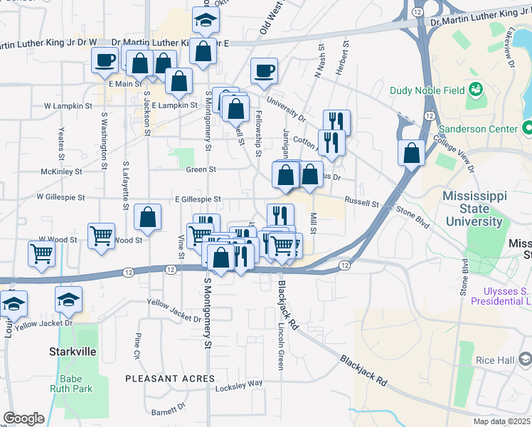 map of restaurants, bars, coffee shops, grocery stores, and more near 505 Spring Street in Starkville