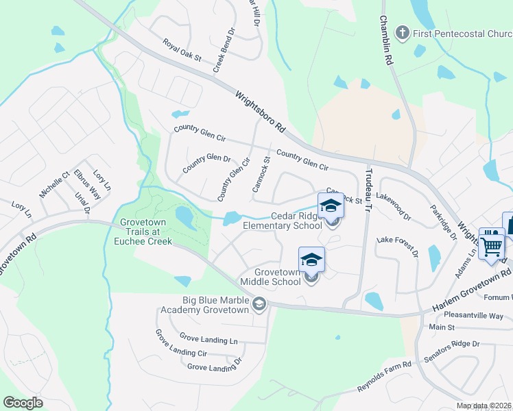 map of restaurants, bars, coffee shops, grocery stores, and more near 930 Cannock Street in Grovetown