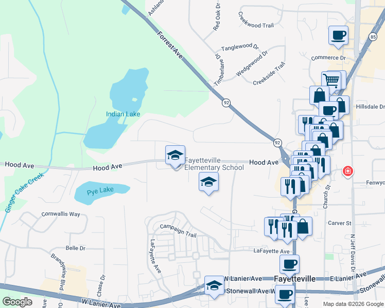 map of restaurants, bars, coffee shops, grocery stores, and more near 475 Georgia Avenue West in Fayetteville