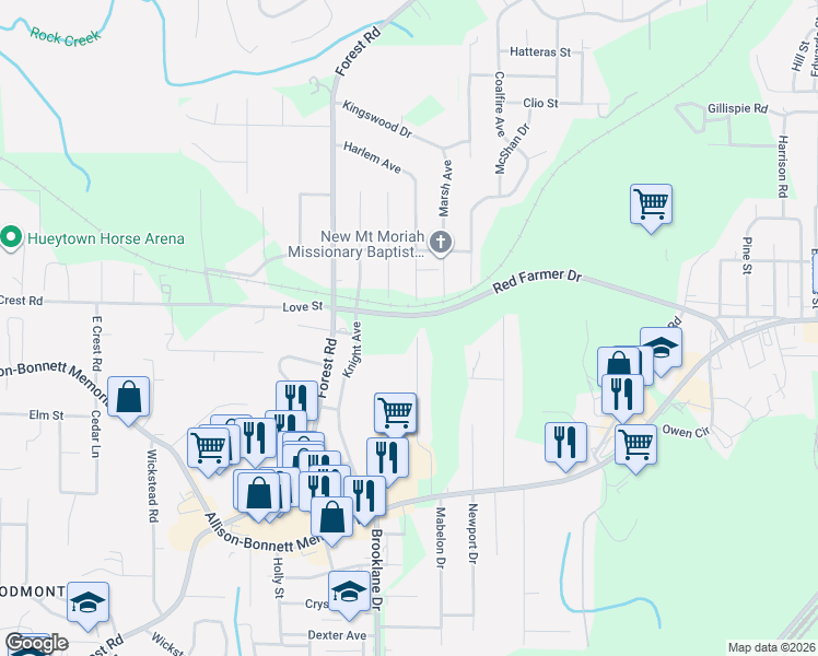 map of restaurants, bars, coffee shops, grocery stores, and more near 243 Mabelon Court in Hueytown