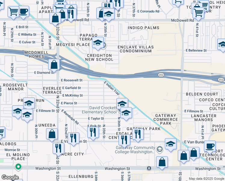 map of restaurants, bars, coffee shops, grocery stores, and more near 3525 East Garfield Street in Phoenix