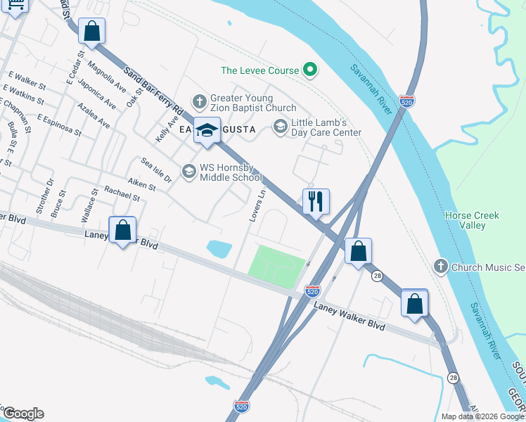 map of restaurants, bars, coffee shops, grocery stores, and more near 244 Sapelo Circle in Augusta
