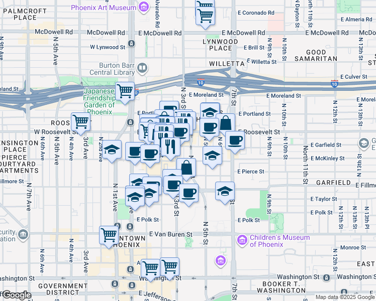 map of restaurants, bars, coffee shops, grocery stores, and more near 888 North 4th Street in Phoenix