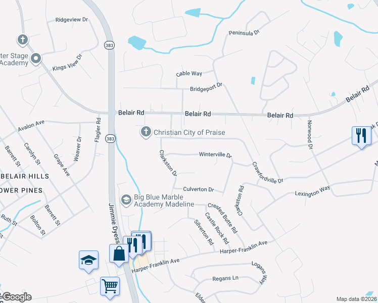 map of restaurants, bars, coffee shops, grocery stores, and more near 2511 Winterville Drive in Augusta