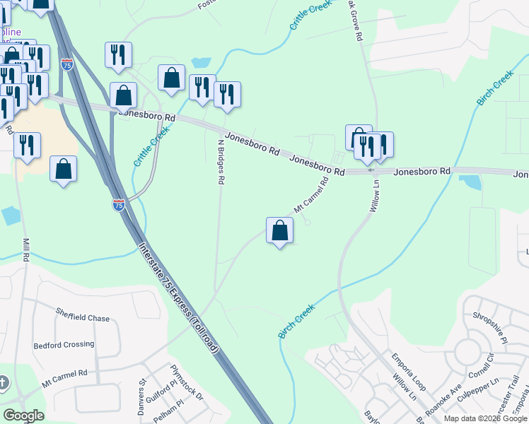 map of restaurants, bars, coffee shops, grocery stores, and more near 130 Mount Carmel Road in McDonough