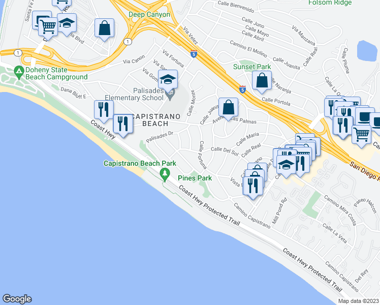 map of restaurants, bars, coffee shops, grocery stores, and more near 34781 Calle Del Sol in Dana Point