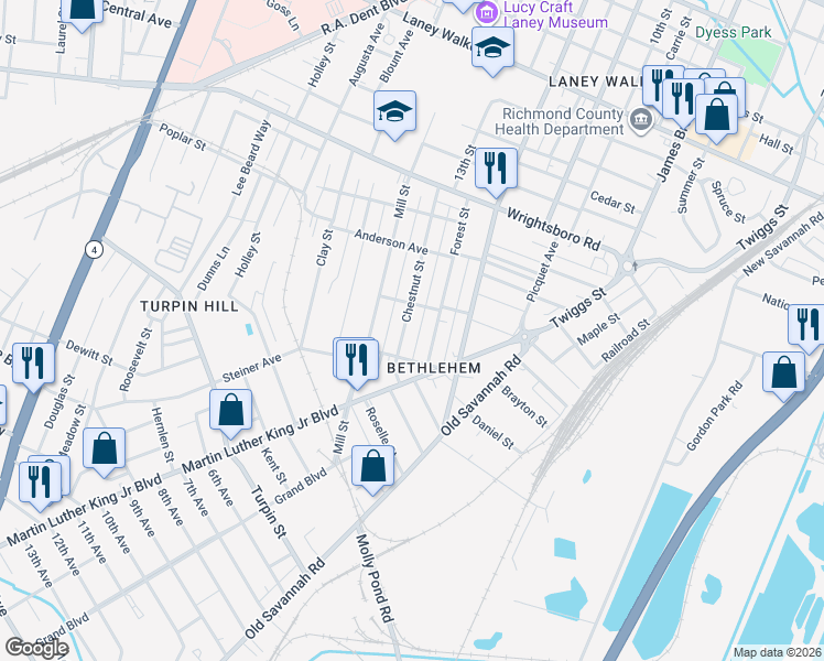 map of restaurants, bars, coffee shops, grocery stores, and more near 1626 Chestnut Street in Augusta