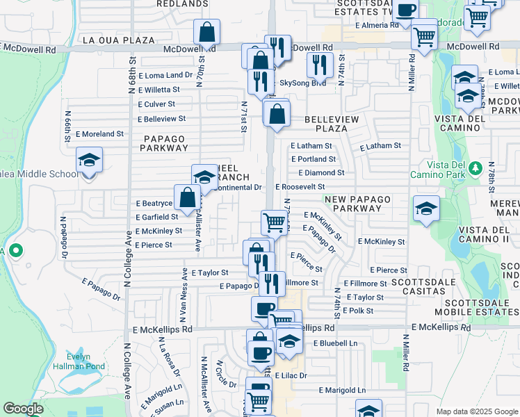 map of restaurants, bars, coffee shops, grocery stores, and more near 2724 North Scottsdale Road in Tempe
