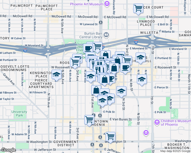 map of restaurants, bars, coffee shops, grocery stores, and more near 814 North Central Avenue in Phoenix