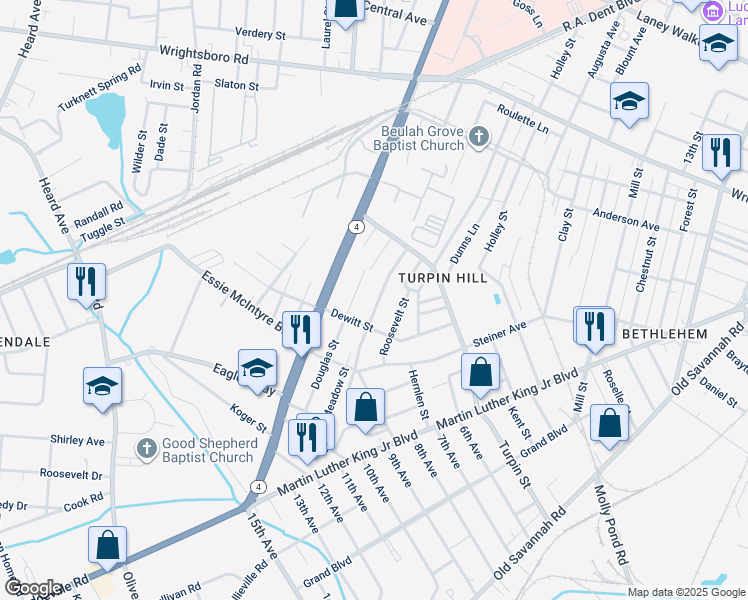 map of restaurants, bars, coffee shops, grocery stores, and more near 1651 Luckey Street in Augusta