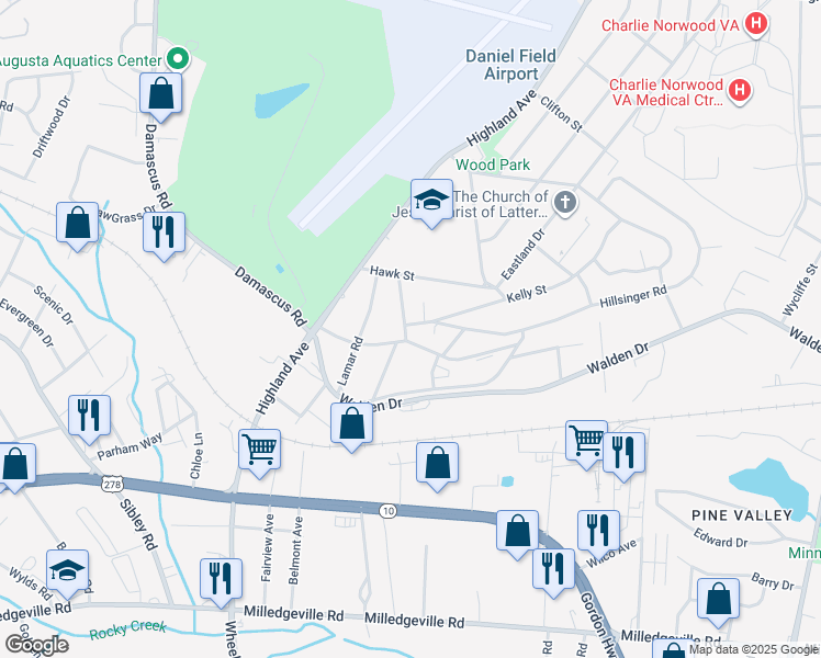 map of restaurants, bars, coffee shops, grocery stores, and more near 2598 Kelly Street in Augusta