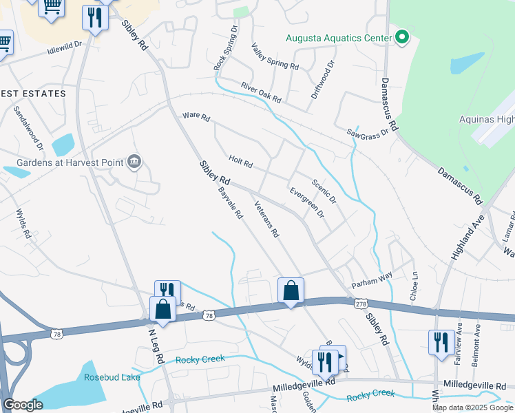 map of restaurants, bars, coffee shops, grocery stores, and more near 2113 Veterans Road in Augusta