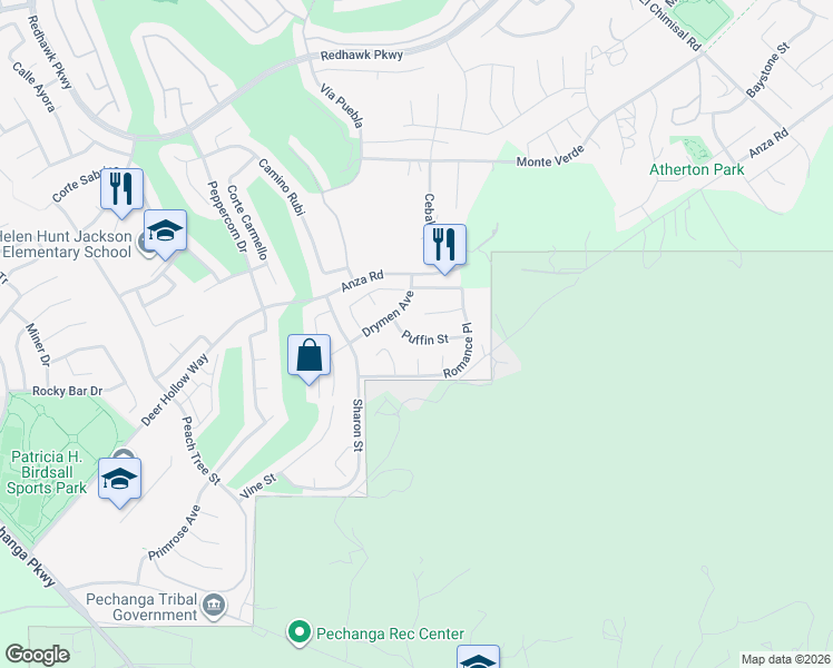 map of restaurants, bars, coffee shops, grocery stores, and more near 33104 Puffin Street in Temecula