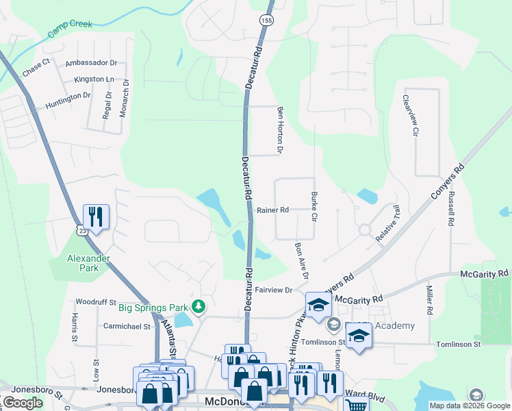 map of restaurants, bars, coffee shops, grocery stores, and more near 267 Decatur Road in McDonough