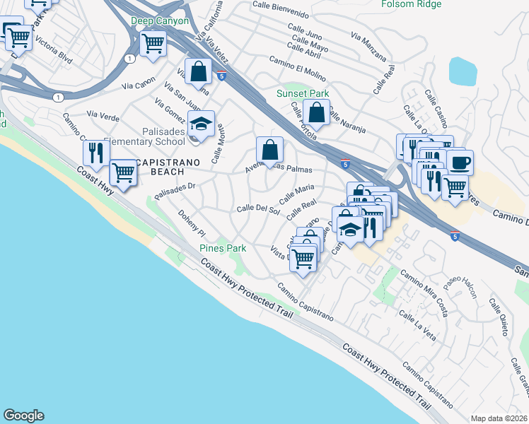 map of restaurants, bars, coffee shops, grocery stores, and more near 26765 Calle Maria in Dana Point