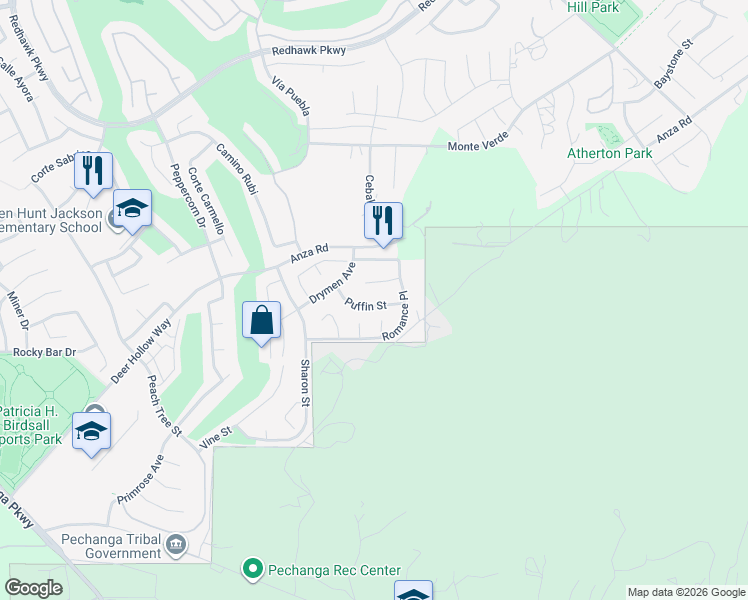 map of restaurants, bars, coffee shops, grocery stores, and more near 33164 Puffin Street in Temecula