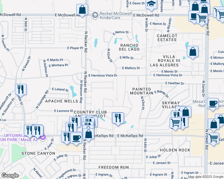 map of restaurants, bars, coffee shops, grocery stores, and more near 29 East Camelot Country Club in Mesa